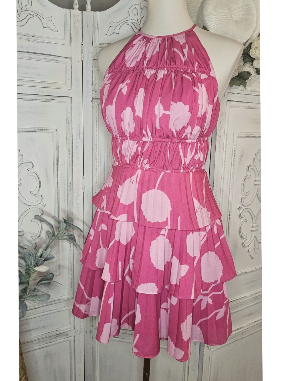 Amur Pink Floral Pleated Sleeveless Tiered Flirty Mini Dress